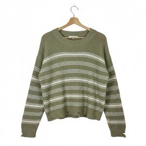 Stitches & Stripes Pullover Sweater Sz Large Distressed Striped Sage Green Knit